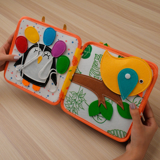 Deer Adventure Quiet Book for Toddlers – adorable characters including deer, penguins, cranes, balloons,