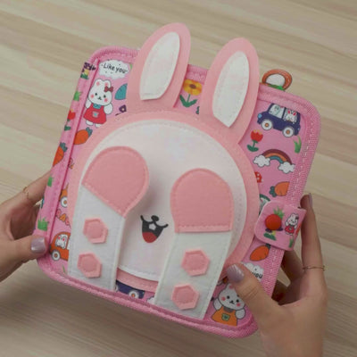Pink Rabbit Quiet Book — Squeaky Fox, Sensory Animals & Four Seasons