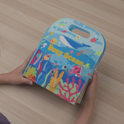 Blue Ocean Quiet Book with Handle — Shark Hideout, Squeaky Crab & Shape Fish Matching